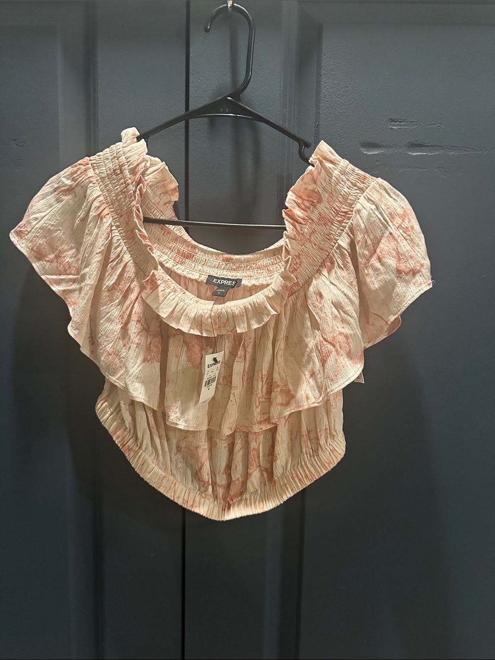 Express Pink and cream Floral Ruffle Off-Shoulder Crop Top. New with tags